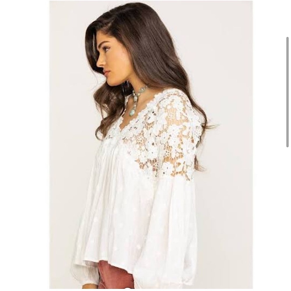 Free People Lina Lace Balloon Sleeve White embroidered lace Peasant Blouse Small - Picture 1 of 12